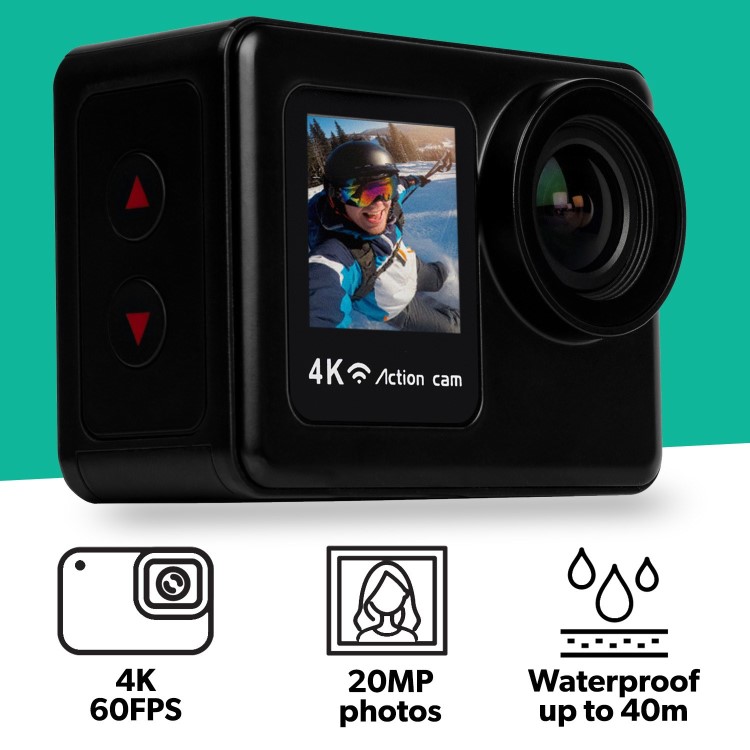 electriQ 4K Ultra HD Dual Screen Waterproof Sports Action Camera - Black