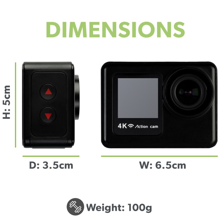 electriQ 4K Ultra HD Dual Screen Waterproof Sports Action Camera - Black